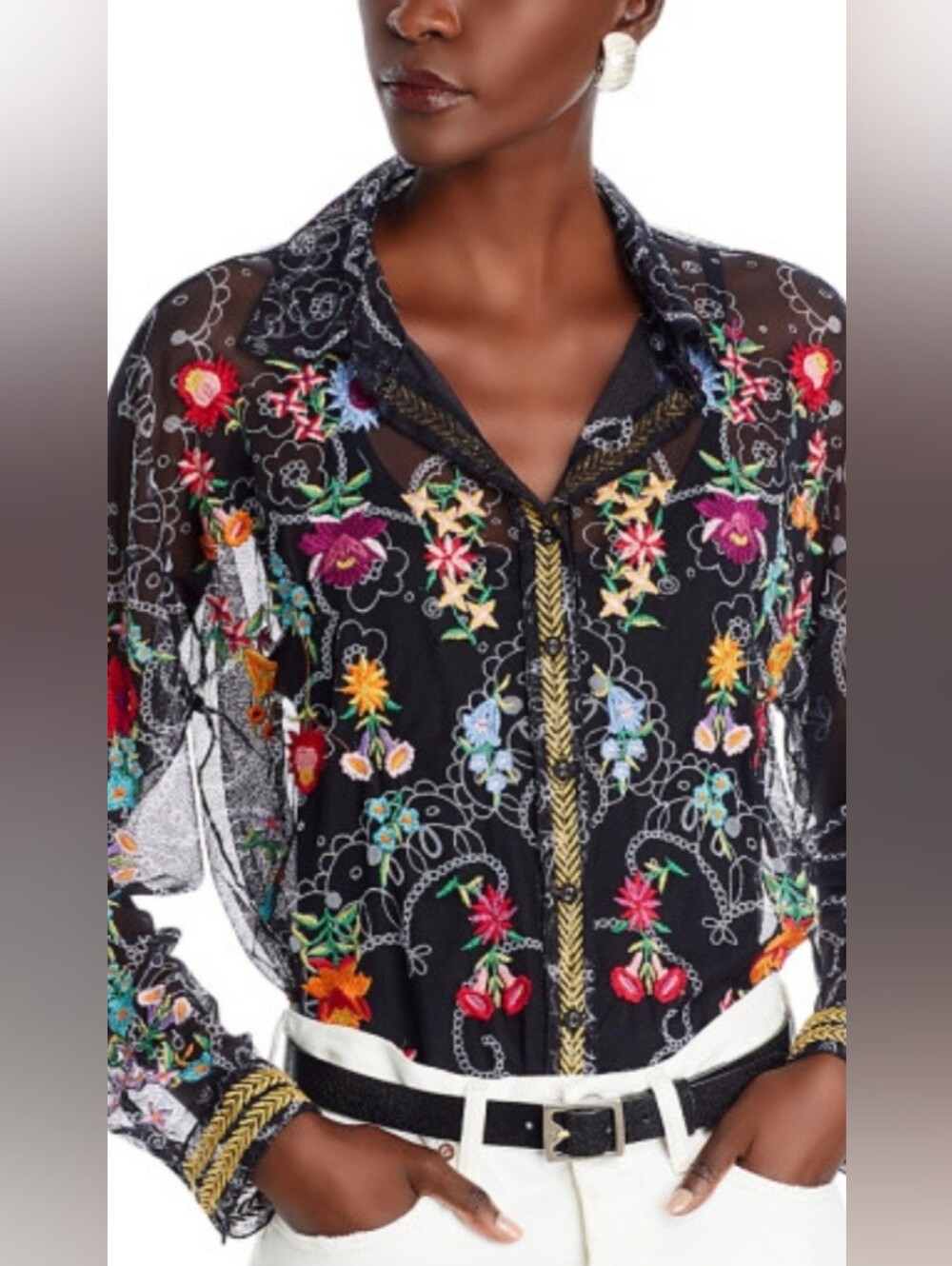 Johnny Was Biya Swing Lace Mesh Embroidered Top Sz S